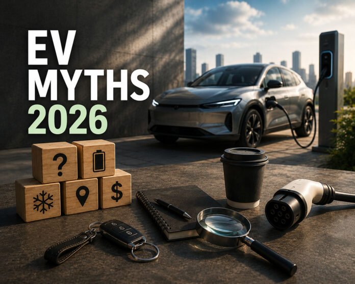 Editorial illustration discussing common EV myths in 2026