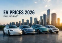 EV Prices Are Falling in 2026: What It Means for Buyers EV prices 2026 falling affordable electric cars lineup in modern city