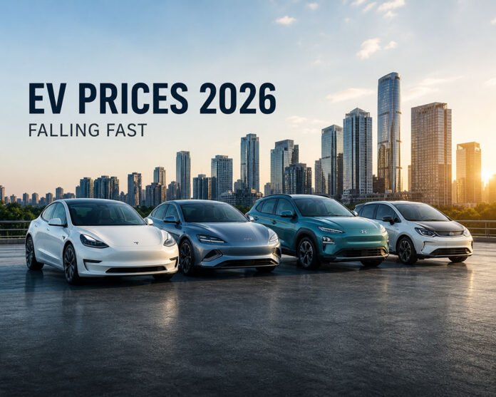 EV prices 2026 falling affordable electric cars lineup in modern city