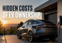 Hidden Costs of EV Ownership Nobody Talks About Featured image for an article about hidden costs of EV ownership, showing a premium electric vehicle charging at a modern home at sunset.