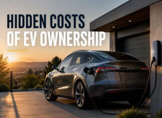 Hidden Costs of EV Ownership Nobody Talks About Featured image for an article about hidden costs of EV ownership, showing a premium electric vehicle charging at a modern home at sunset.
