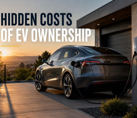 Hidden Costs of EV Ownership Nobody Talks About Featured image for an article about hidden costs of EV ownership, showing a premium electric vehicle charging at a modern home at sunset.