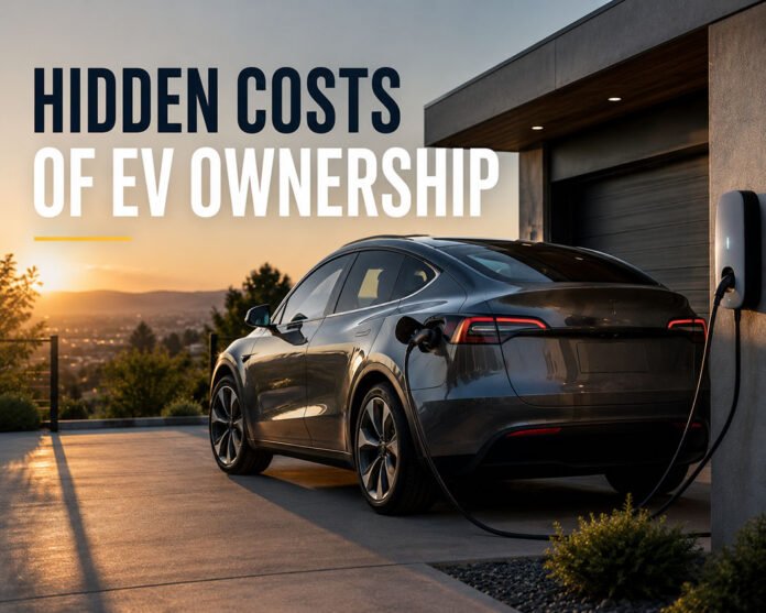 Featured image for an article about hidden costs of EV ownership, showing a premium electric vehicle charging at a modern home at sunset.