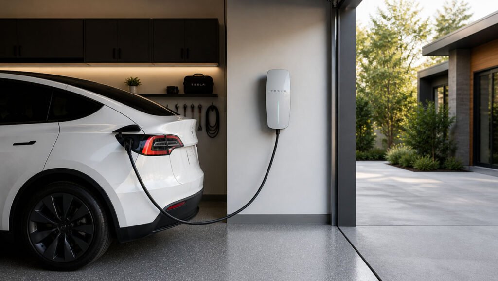Home EV charging setup in clean modern garage showing electric car plugged into wall charger