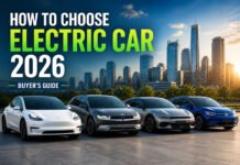 How to Choose the Right Electric Car in 2026: Complete Buyer’s Guide Electric car lineup in modern city for EV buying guide 2026 showing multiple EV models and urban background to choose electric car 2026