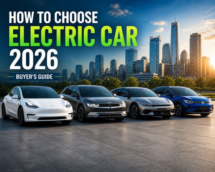 Electric car lineup in modern city for EV buying guide 2026 showing multiple EV models and urban background to choose electric car 2026