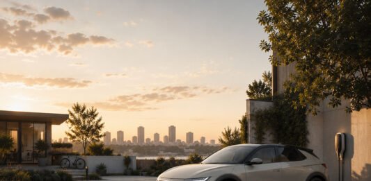 Hyundai Ioniq 5 Review 2026: Still One of the Smartest EVs You Can Buy? Editorial illustration showing a modern electric vehicle in a residential EV ownership environment