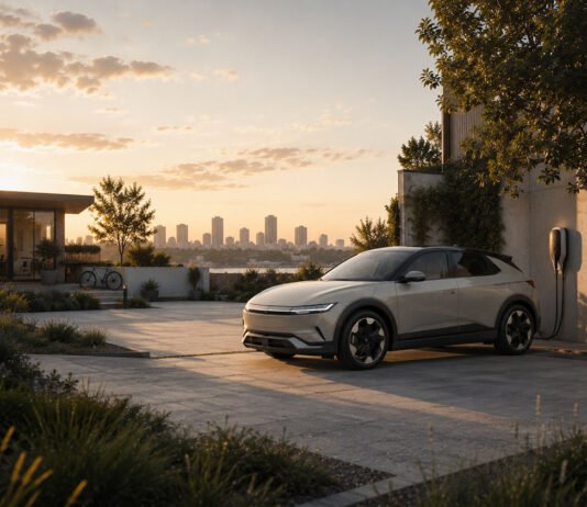 Hyundai Ioniq 5 Review 2026: Still One of the Smartest EVs You Can Buy? Editorial illustration showing a modern electric vehicle in a residential EV ownership environment