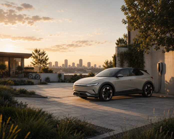 Editorial illustration showing a modern electric vehicle in a residential EV ownership environment