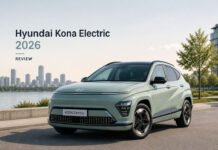Hyundai Kona Electric 2026 Review: Still a Smart Budget EV? Hyundai Kona Electric 2026 exterior compact electric SUV in modern city setting