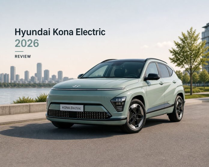 Hyundai Kona Electric 2026 exterior compact electric SUV in modern city setting