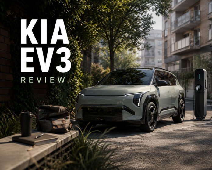Editorial illustration discussing Kia EV3 practicality and urban EV ownership