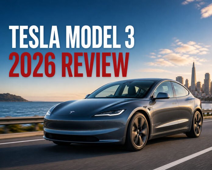 Tesla Model 3 2026 review featured image showing electric car driving on coastal road
