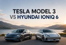 Tesla Model 3 vs Hyundai Ioniq 6: Which EV Is Better in 2026? Featured image for a Tesla Model 3 vs Hyundai Ioniq 6 comparison article showing both electric sedans side by side with balanced spacing in a clean editorial layout.