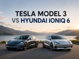 Tesla Model 3 vs Hyundai Ioniq 6: Which EV Is Better in 2026? Featured image for a Tesla Model 3 vs Hyundai Ioniq 6 comparison article showing both electric sedans side by side with balanced spacing in a clean editorial layout.