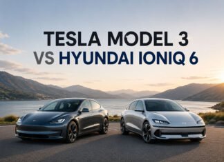 Tesla Model 3 vs Hyundai Ioniq 6: Which EV Is Better in 2026? Featured image for a Tesla Model 3 vs Hyundai Ioniq 6 comparison article showing both electric sedans side by side with balanced spacing in a clean editorial layout.