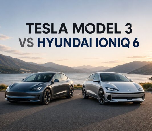Tesla Model 3 vs Hyundai Ioniq 6: Which EV Is Better in 2026? Featured image for a Tesla Model 3 vs Hyundai Ioniq 6 comparison article showing both electric sedans side by side with balanced spacing in a clean editorial layout.