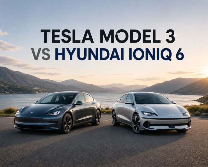 Featured image for a Tesla Model 3 vs Hyundai Ioniq 6 comparison article showing both electric sedans side by side with balanced spacing in a clean editorial layout.