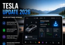 Tesla Announces Major Software Update for 2026 EVs Tesla software update 2026 featured image showing EV dashboard screen with UI improvements navigation and driver assistance features