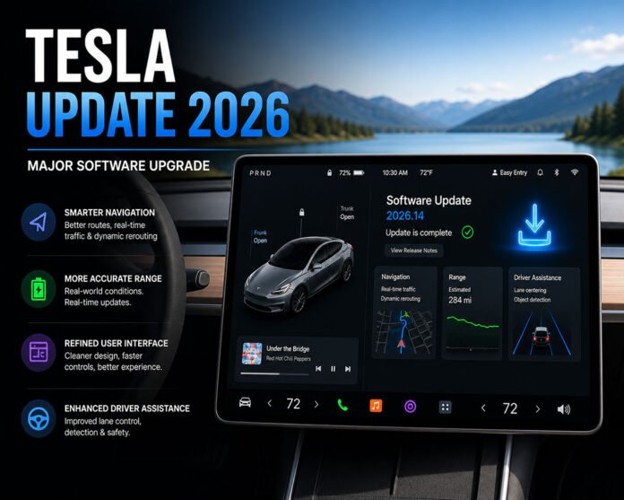 Tesla software update 2026 featured image showing EV dashboard screen with UI improvements navigation and driver assistance features