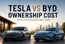 Editorial illustration discussing Tesla vs BYD ownership cost comparison