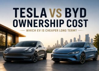 Tesla vs BYD Ownership Cost: Which EV Is Cheaper Long Term? Editorial illustration discussing Tesla vs BYD ownership cost comparison