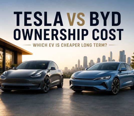 Tesla vs BYD Ownership Cost: Which EV Is Cheaper Long Term? Editorial illustration discussing Tesla vs BYD ownership cost comparison