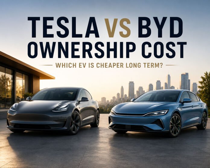 Tesla vs BYD Ownership Cost Guide Editorial illustration discussing Tesla vs BYD ownership cost comparison