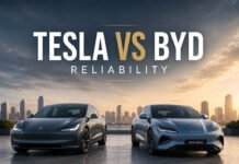 Tesla vs BYD Reliability: Which EV Brand Feels More Trustworthy? Featured image for a Tesla vs BYD reliability article showing two electric sedans side by side with improved spacing in a clean editorial layout.