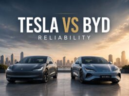 Tesla vs BYD Reliability: Which EV Brand Feels More Trustworthy? Featured image for a Tesla vs BYD reliability article showing two electric sedans side by side with improved spacing in a clean editorial layout.