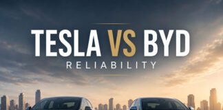 Tesla vs BYD Reliability: Which EV Brand Feels More Trustworthy? Featured image for a Tesla vs BYD reliability article showing two electric sedans side by side with improved spacing in a clean editorial layout.