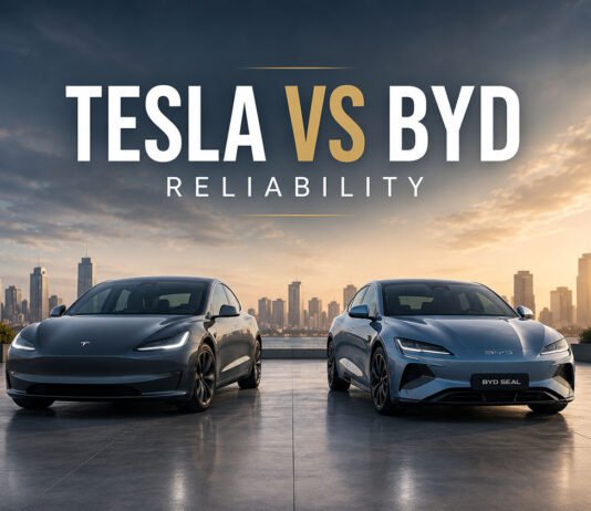 Tesla vs BYD Reliability: Which EV Brand Feels More Trustworthy? Featured image for a Tesla vs BYD reliability article showing two electric sedans side by side with improved spacing in a clean editorial layout.