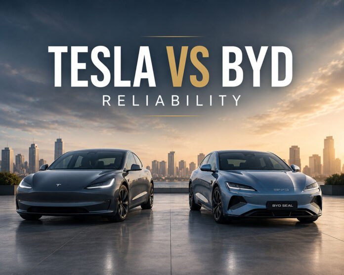 Featured image for a Tesla vs BYD reliability article showing two electric sedans side by side with improved spacing in a clean editorial layout.