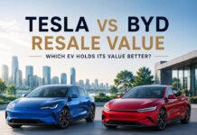 Tesla vs BYD Resale Value: Which EV Holds Its Value Better? Editorial illustration discussing Tesla and BYD resale value comparison