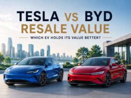 Tesla vs BYD Resale Value: Which EV Holds Its Value Better? Editorial illustration of Tesla vs BYD resale value comparison showing used EV ownership confidence