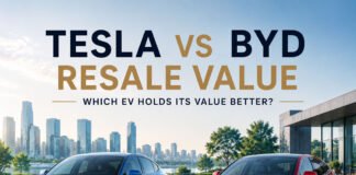 Tesla vs BYD Resale Value: Which EV Holds Its Value Better? Editorial illustration of Tesla vs BYD resale value comparison showing used EV ownership confidence