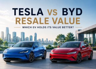 Tesla vs BYD Resale Value: Which EV Holds Its Value Better? Editorial illustration of Tesla vs BYD resale value comparison showing used EV ownership confidence