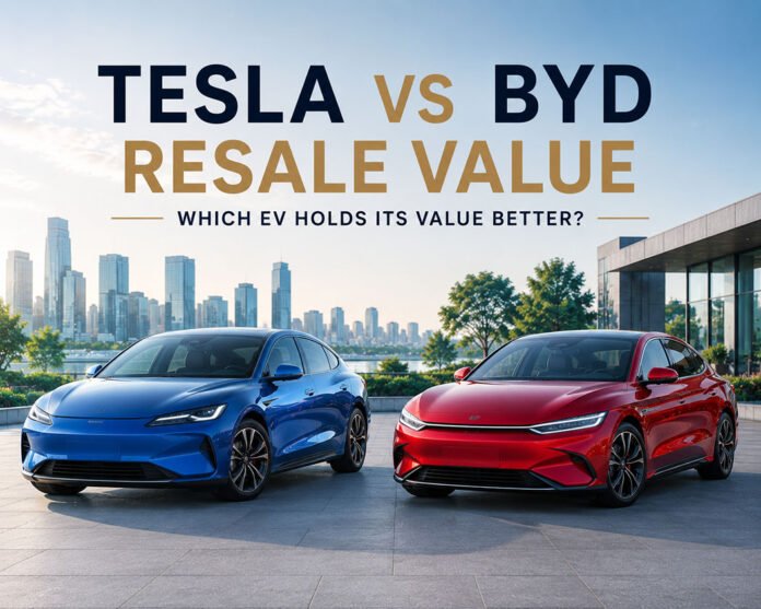Editorial illustration discussing Tesla and BYD resale value comparison