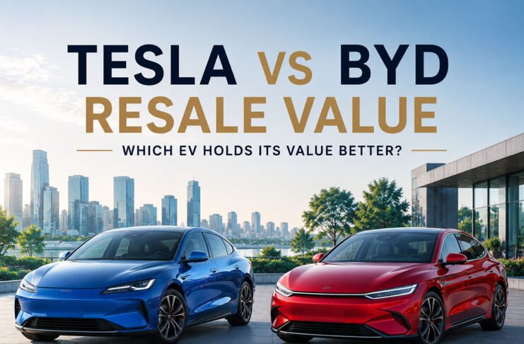 Tesla vs BYD Resale Value: Which EV Holds Its Value Better? Editorial illustration discussing Tesla and BYD resale value comparison