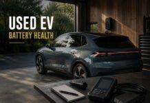 Used EV Battery Health: What to Check Before Buying a Used Electric Car Editorial illustration discussing used EV battery health inspection