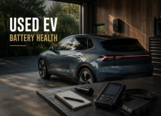 Used EV Battery Health: What to Check Before Buying a Used Electric Car Editorial illustration discussing used EV battery health inspection