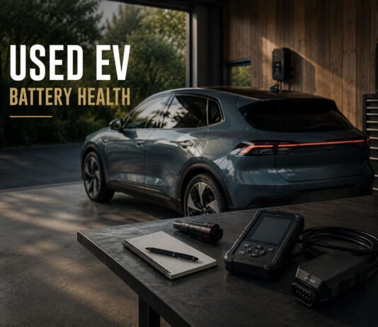Used EV Battery Health: What to Check Before Buying a Used Electric Car Editorial illustration discussing used EV battery health inspection
