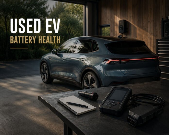 Editorial illustration discussing used EV battery health inspection