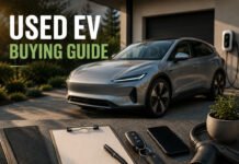 Is Buying a Used EV Safe in 2026? Battery Health, Warranty and Depreciation Explained Editorial illustration discussing used EV buying and battery health