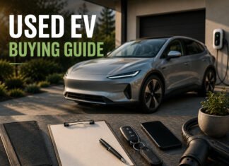 Is Buying a Used EV Safe in 2026? Battery Health, Warranty and Depreciation Explained Editorial illustration discussing used EV buying and battery health