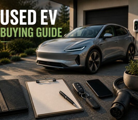 Is Buying a Used EV Safe in 2026? Battery Health, Warranty and Depreciation Explained Editorial illustration discussing used EV buying and battery health