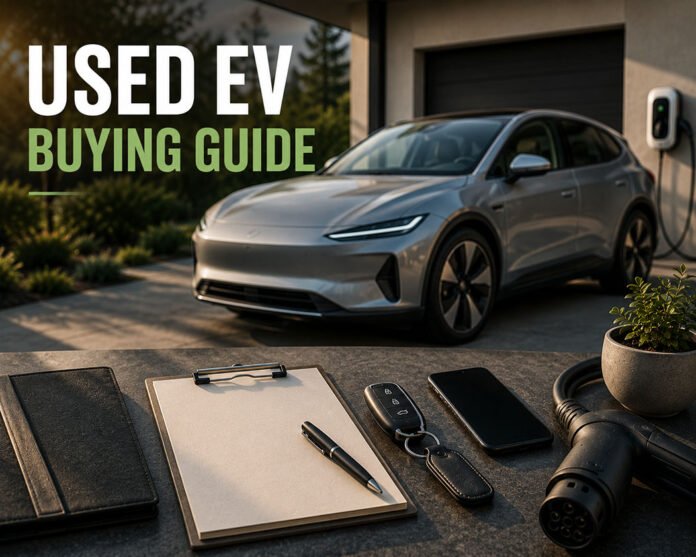 Editorial illustration discussing used EV buying and battery health
