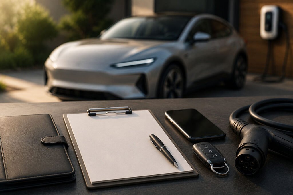 Editorial illustration of a used EV buying checklist