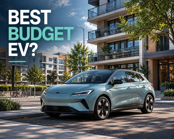 Editorial illustration showing an affordable compact EV in a modern urban ownership environment
