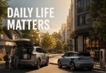 Tesla Model Y vs Volvo EX30: Which EV Fits Daily Life Better in 2026? Editorial illustration comparing practical family-focused EV ownership and premium urban EV living